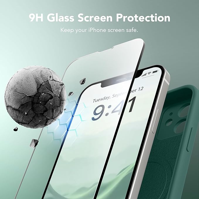 Magnetic for iPhone 12 Case, Compatible with MagSafe, [Full Camera Protection][Screen Protector] Silicone Shockproof Protective Phone Case for iPhone 12 6.1", Midnight Green