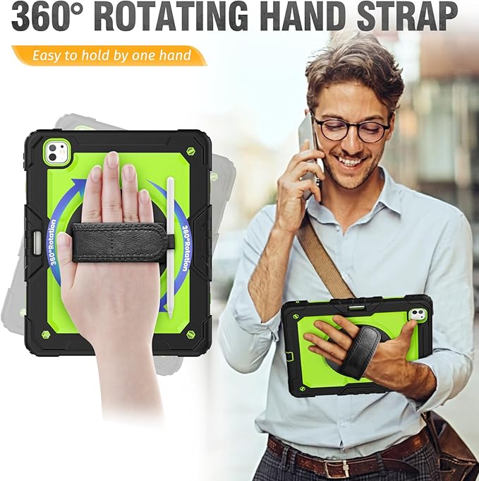 HXCASEAC for iPad Pro 13 Inch Case (M5/M4) 2025/2024, Shockproof Design with Pencil Holder, Protector, Rotating Stand, Hand Strap, Heavy Duty Protective iPad Pro13 Cover A3360 A3361 A2925 A2926,Green