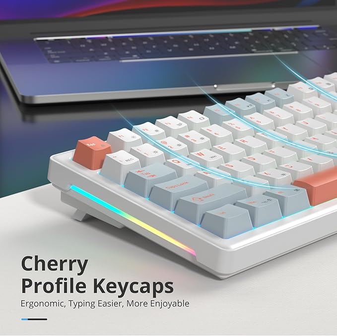 75% White Blue Creamy Mechanical Keyboard Wired, Creamy Sound Gasket Gaming Thocky Keyboard with Knob, Hot Swappable RGB Custom Keyboard, Pre-lubed Cream Switch Keyboard (82 Light Blue)