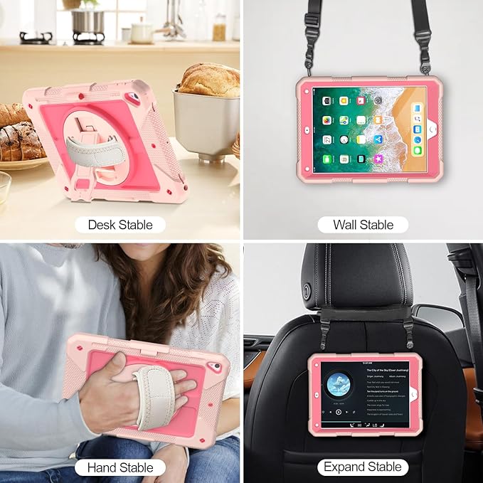 MENZO Shockproof Case for iPad 5th Gen/6th Gen/Air 2/Pro 9.7-inch with 360° Swivel Stand, Pencil Holder, Detachable Hand and Shoulder Strap, Pink+Lightpink