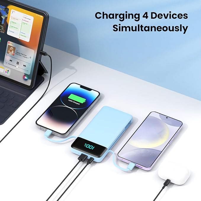 Portable Charger for iPhone,13800mAh Slim Power Bank with Built-in Cables & AC Wall Plug,All in One 4 Outputs USB C Fast Charging Battery Pack Travel Essential for iPhone 17/16/15/14,Android(Sky Blue)