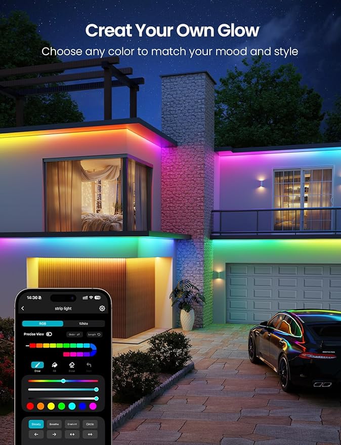 Lepro SW1 AI Smart Outdoor LED Strip Lights - 49.2ft IP65 Waterproof RGBCW Light Strips, 2700K-5700K Tunable Warm White, APP Control(No Remote), 2.4G Wi-Fi Lights for Holiday Decor, House, Porch, Eave