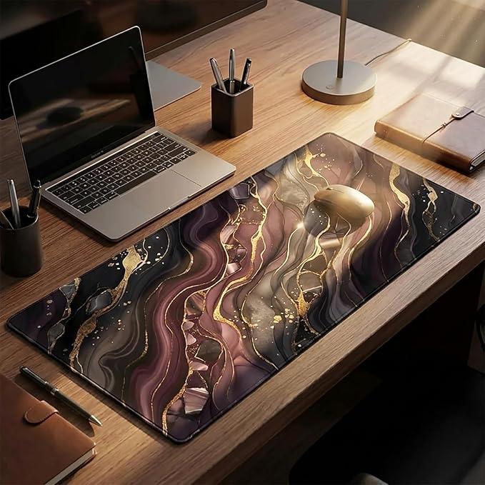 AQQA Purple Marble Desk Pad - Abstract Gold Foil Large Gaming Mouse Pad - XL Non-Slip Rubber Base Keyboard Mat - Aesthetic Desk Mat for Office & Home Decor - Extended Water-Resistant Table Protector