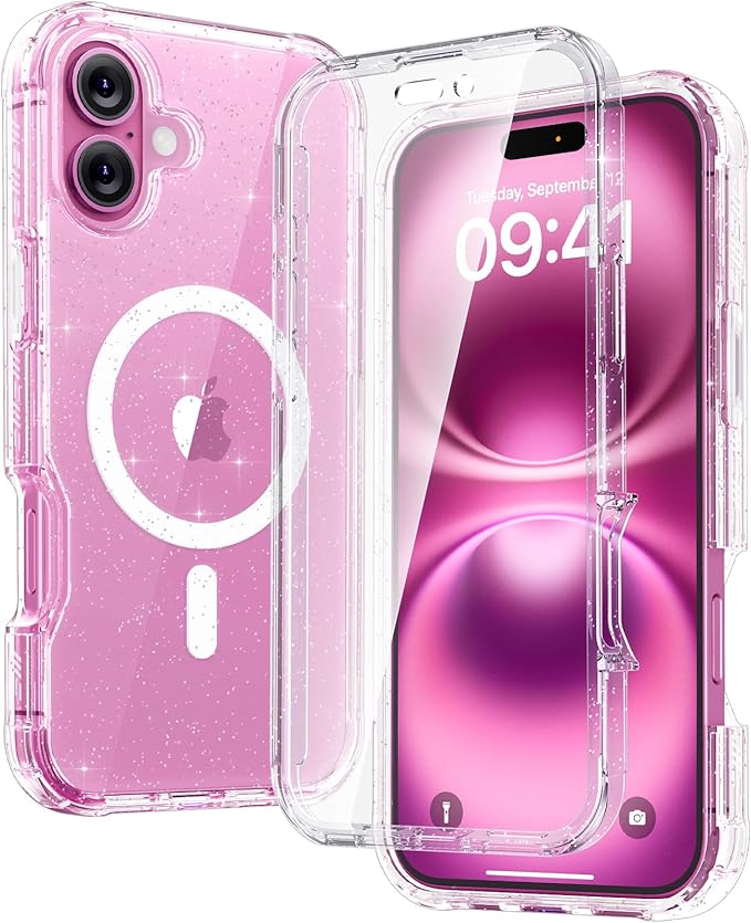 Diaclara Magnetic Designed for iPhone 16 Plus Phone Case,[Full Camera Protection] 360 Clear Bumper Compatible with MagSafe Built-in Screen Protector for 16 Plus,Magnetic Clear Glitter