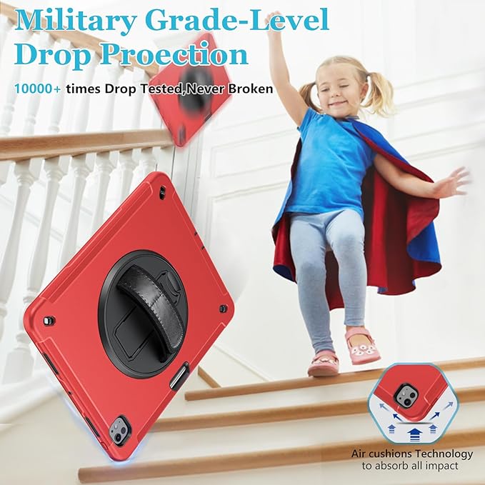 Case for iPad Pro 13 Inch M5 2025/ M4 2024: Military Grade Cover for iPad Pro 13" with Screen Protector - Stand - Handle - Shoulder Strap - Pencil Holder- Red