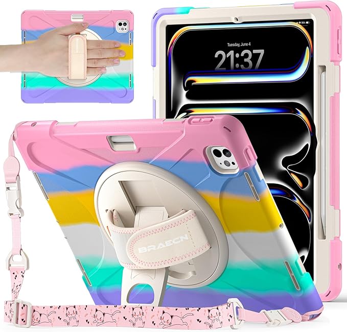 BRAECNstock Kids Case for Apple iPad Pro 13 inch M5 2025 / M4 2024, Shockproof Protective iPad 13 Pro Case with Pen Holder [360 Rotating Hand Strap & Stand], Shoulder Strap, Colorful Pink