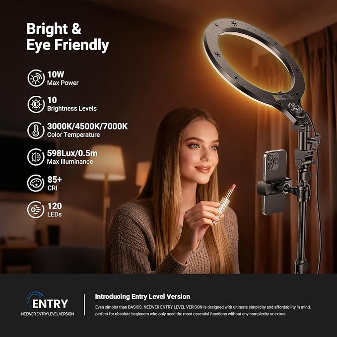 NEEWER ENTRY LEVEL VERSION 10.5" 10W Ring Light with 66" Tripod Stand, Overhead Phone Holder Mount Compatible with iPhone, Bi Color CRI85+ LED Selfie Lighting for TikTok Video Recording Streaming, N43