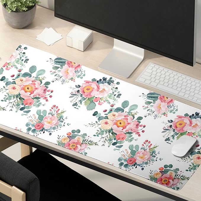 Kawani Pink Floral Gaming Mouse Pad & Keyboard Mat, XXL Large (31.5x11.8 Inch), Waterproof, Non-Slip, Soft, Fabric & Rubber