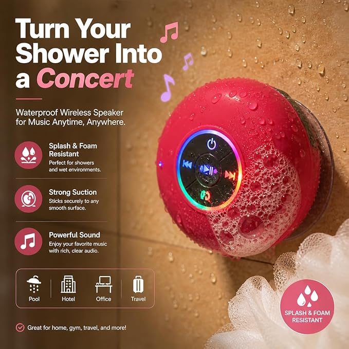 Bluetooth Shower Speaker with LED – Portable Wireless Mini Speaker with Mic & Suction Cup, IPX4 Water Resistant for Shower, Travel, Pool, River Floating, and Outdoor Fun (Plum)