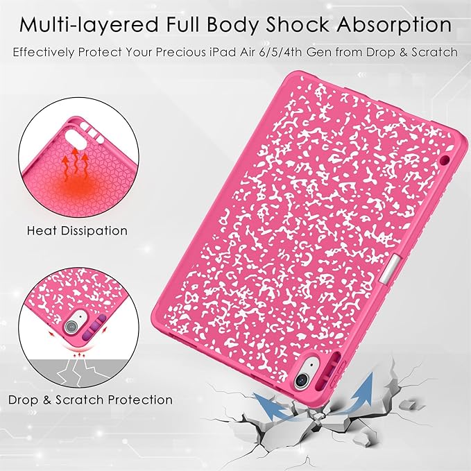 Soke Case for New iPad Air 11 Inch (M4/M3/M2, 2026-2024), iPad Air 5th/4th Generation 10.9 Inch (2020-2022) with Pencil Holder, Soft TPU Back Cover & Auto Sleep/Wake, Book Hot Pink