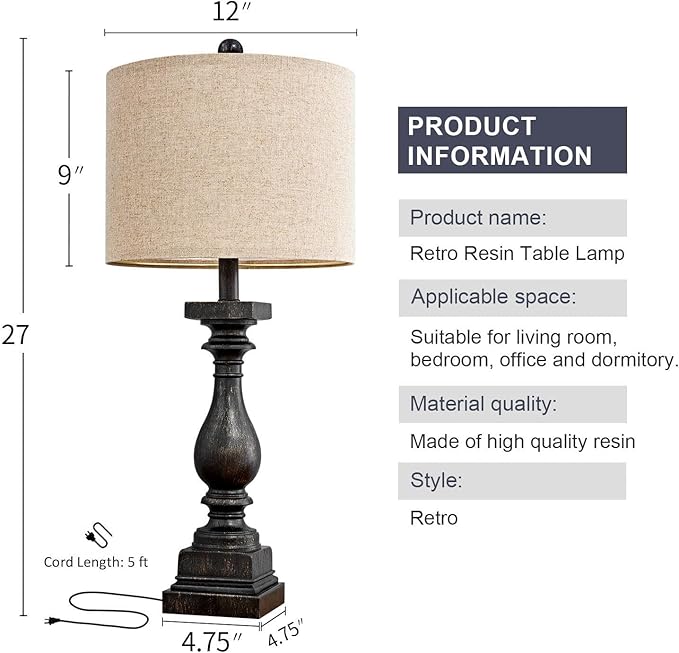 BOBOMOMO Retro 27" USB Charging Ports A/C Farmhouse Single Lamps for Bedrooms Retro Side Table Lamps Bedside Lamp for Side Nightstand Living Room 1 Pack (Blubs not Included)