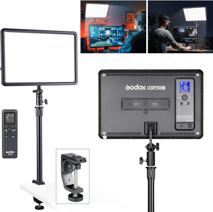 Godox Key Light Desk Lamp Clamp LED Light Panel Streaming Light Studio with Wireless Remote 3200K-5600K Bi-Color Temperature for YouTube Tiktok Live Game Shooting Stream Portrait Video Conference