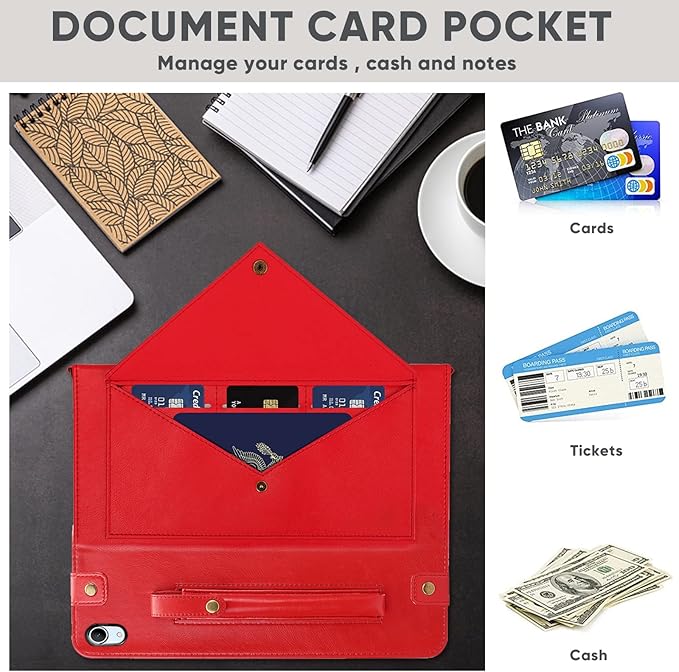 Handbag Case for iPad (A16) 11" 2025 & iPad 10th Gen 10.9", Techcircle Folio Stand PU Leather Multi-Card Slots Envelope Pocket Wallet Cover with Hand Strap+Shoulder Strap+Pen Holder, Red