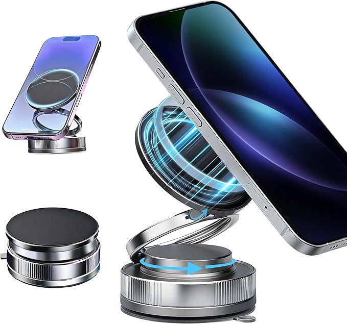2026 Upgraded Magnetic Car Phone Holder for Magsafe: 360° Rotatable Adjustable Vacuum Car Phone Mount with 180+LBS Suction & 3800gf Magnet, Universal for Car/Gym/Mirror, Fits iPhone & Android