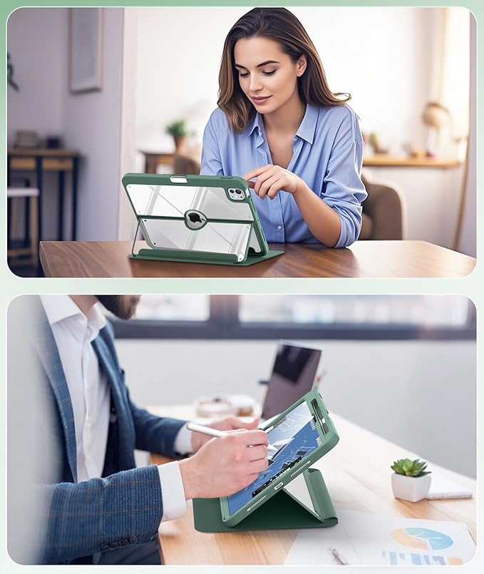 MoKo for iPad Pro 11 Inch Case (M5/M4) 2025/2024 with Pencil Holder, [Built-in Screen Protector], iPad Pro 11 M5/M4 Case with Clear Back & Magnetic Multi Angle Stand Cover, Midnight Green