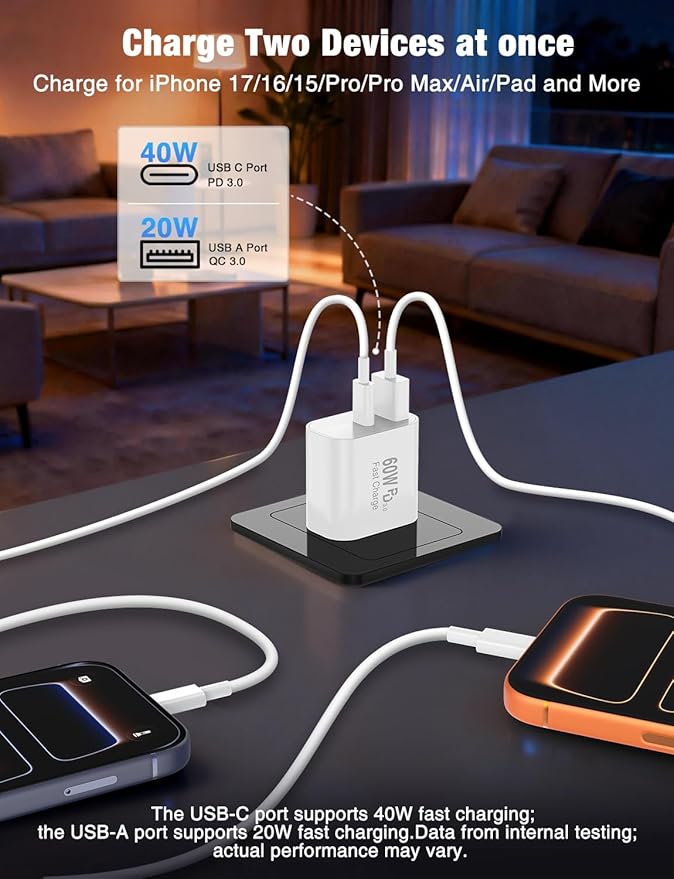 60W USB C Fast Charger for iPhone 17/16/15 Pro Max Charger,2-Pack PD 3.0 Dual Port Wall Charger Block with 6Ft+10Ft USB C Cable,Super Fast Charging for iPhone 17/16/15/Air Series,iPad Pro,White