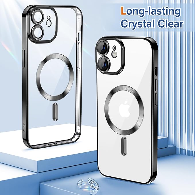 Hython Magnetic Clear for iPhone 12 Case with Camera Lens Protector [Compatible with MagSafe] Luxury Plating Edge Slim Soft TPU Cover Protective Phone Case for iPhone 12 6.1", Black