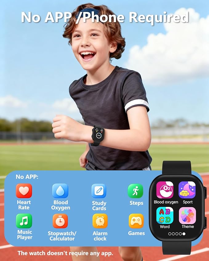 MorePro Smart Watch for Kids No App No Phone Required, Fitness Tracker Watch for Kids with Heart Rate, Blood Oxygen, Sleep Monitor, Pedometer, Puzzle Games, Music, Audio Stories Boys Girls 4-12 Black
