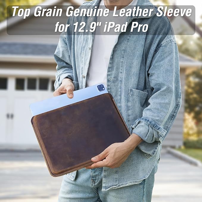 Top Grain Genuine Leather 12.9" iPad Sleeve Case, Minimalist Vintage Design, Handmade, Compatible with 12.9" iPad Pro 3/4/5/6 Gen, Fits A1876 A1865 A1983 A2014 A2229 A2232, Coffee 12.9 Inch
