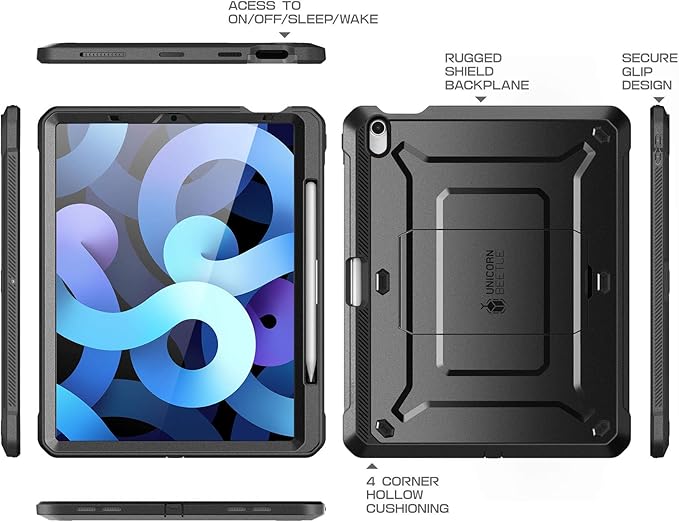 SUPCASE for iPad Air 5th Generation Case / iPad Air 4th Generation Case with Pencil Holder (Unicorn Beetle Pro), [Built-in Screen Protector & Stand] Rugged Case for iPad Air 5/4 10.9 Inch, Black