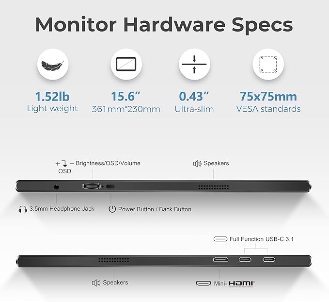 UFYQL Portable Monitor for Laptops - 15.6 -inch FHD 1080P IPS Screen, Built-in Speakers, USB-C/HDMI, Includes Protective Case, Compatible with Laptops, MAC, PC, Phones, PS4/5, Xbox, Switch
