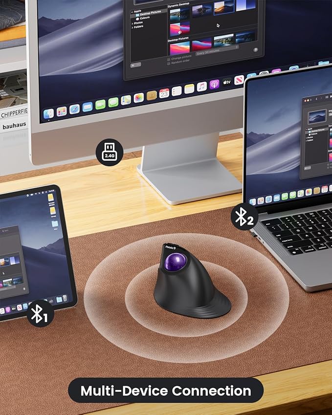 ProtoArc Vertical Wireless Trackball Mouse, EM05 NL Bluetooth Ergonomic Rollerball Mouse Rechargeable Computer Laptop Thumb Mice, 3 Device Connection, Compatible with iPad, Mac, Windows, PC-Purple