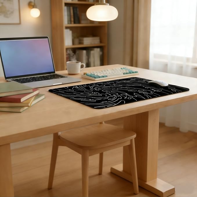 Gaming Mouse Pad L (31.5x11.8in) - Black Abstract Line Art Waves, Dark Japanese Doodle Design - Desk Mat for Gamers