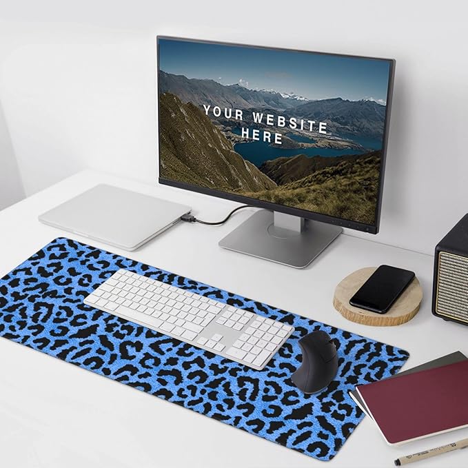 Blue Leopard Skin Print Mouse Pads XXL Extended Mousepad with Stitched Edges Non-Slip Rubber Base Computer Keyboard Pad Desk Mat for Home Office Desk Decor, 35.4" X 15.7"