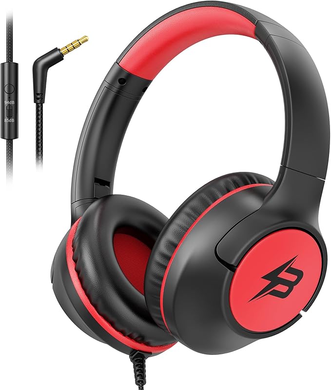Kids Headphones Wired for School, 85/94dB Volume Limit, Wired Over Ear Headphones for Kids Boys Girls with Microphone, Stereo Sound 3.5mm Cord for Kindle Tablet Airplane Travel, Black Red