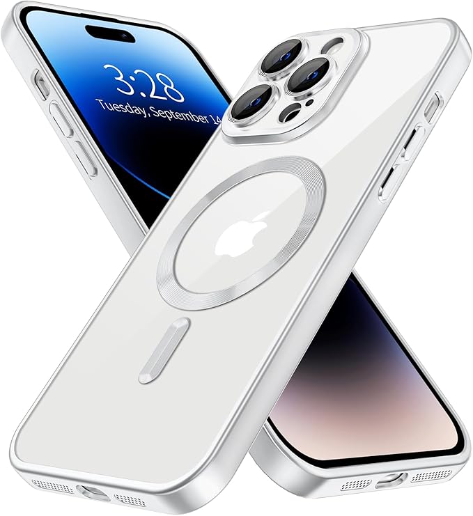 Hython Magnetic Clear for iPhone 14 Pro Max Case with Camera Lens Protector [Compatible with MagSafe] Plating Edge Slim Soft TPU Cover Protective Phone Case for iPhone 14 Pro Max 6.7", Matte Silver