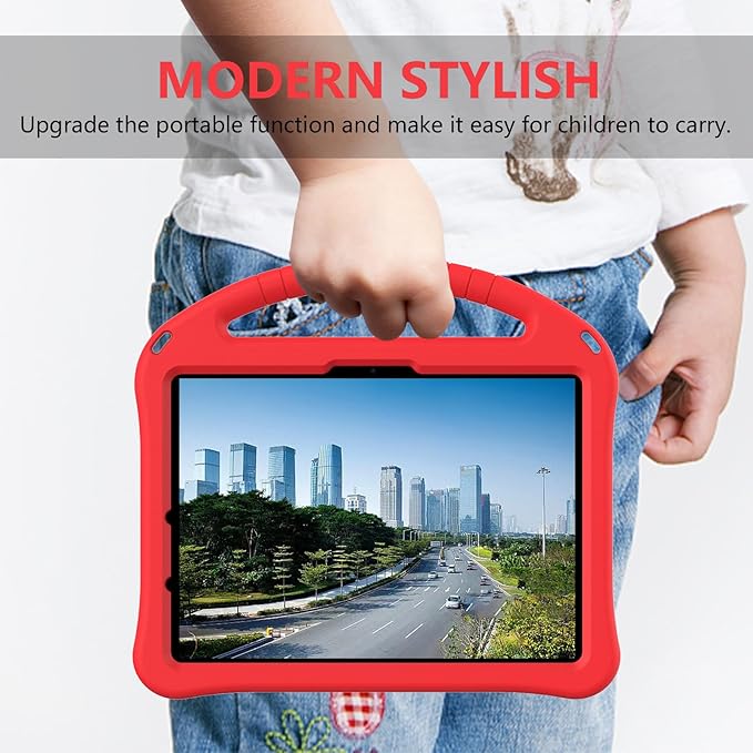 Kids Case for iPad Air 11 inch M4/M3/M2 (2026/2025/2024) with Pencil Holder/Shockproof Handle/Kickstand/Slim Lightweight Soft EVA Foam Folio Stand Tablet Protective Girls Boys Cover, Red