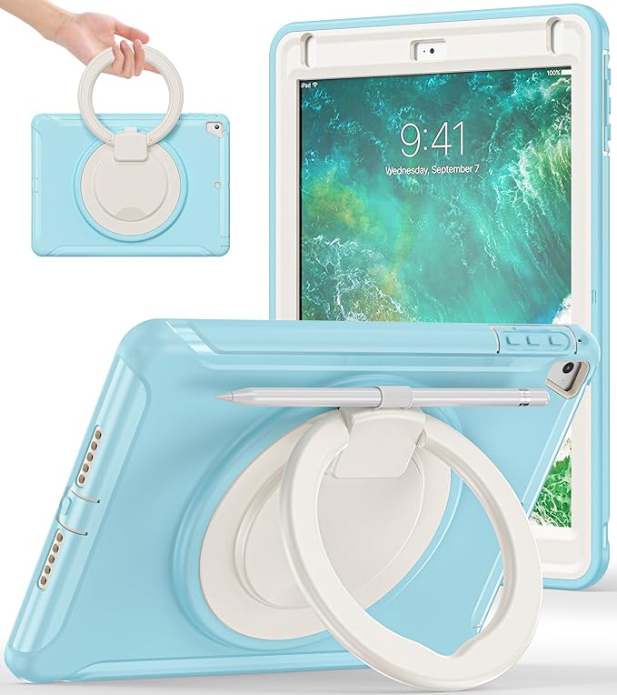 BATYUE Case for iPad 6th Generation 9.7 inch 2018, iPad 5th Gen 2017, iPad Air 2/ iPad Pro 9.7'',Shockproof Protective Cover with Pencil Holder &Rotating Kickstand,for Kids,Boys,Girls (Frozen Blue)