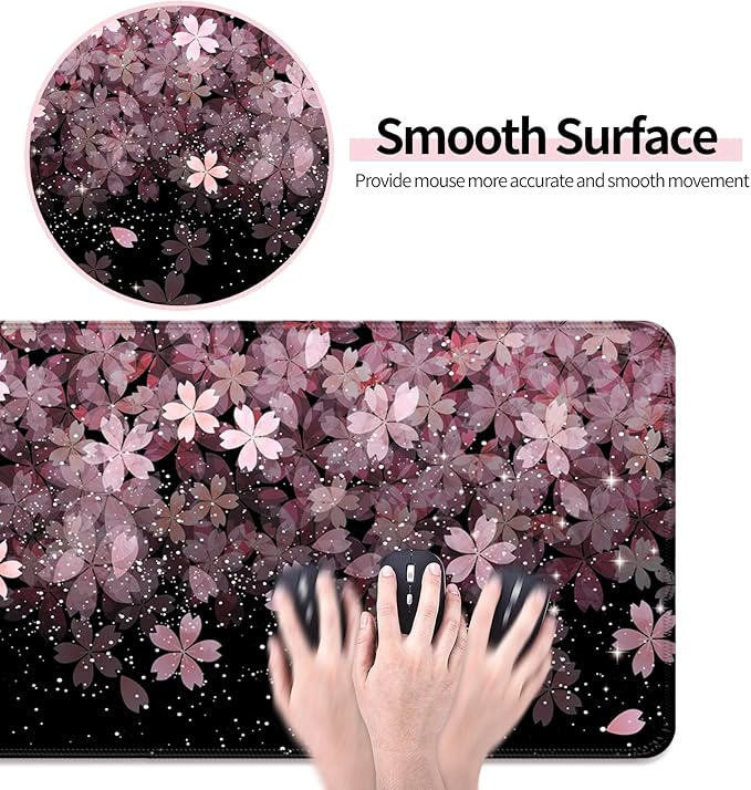 Japanese Cherry Blossom Gaming Desk Mat, Computer Keyboard Large Extended Flowers Mouse Pad for Office and Home, 31.5×11.8 Inches, XL, Black
