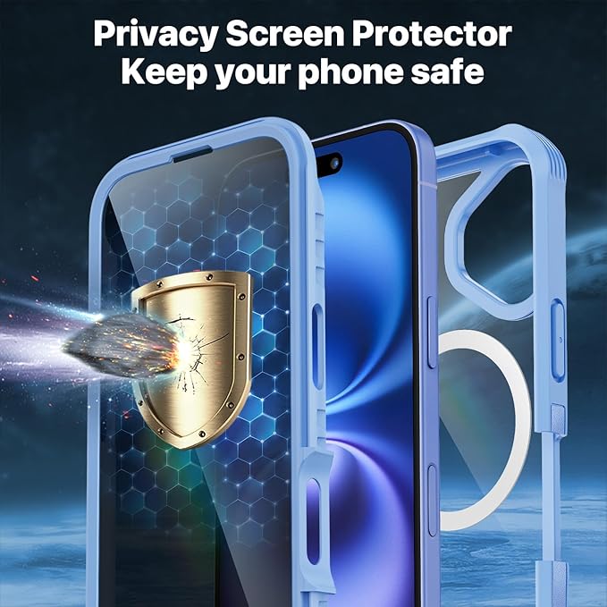 CENHUFO Magnetic Privacy for iPhone 16 Plus Case [Compatible with Magsafe] Full Body Phone Case Built-in 9H Tempered Glass Privacy Screen Protector and Camera Lens Cover, Shockproof Bumper - Blue