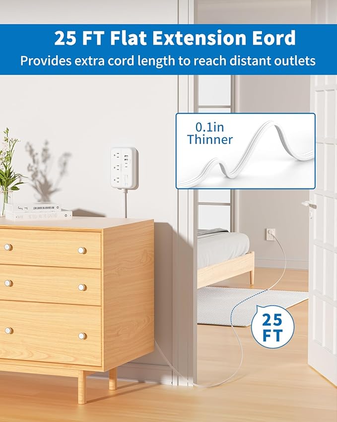 Flat Extension Cord 25 ft, NTONPOWER Power Strip with 6 Outlets 4 USB Ports(2 USB C),Flat Plug, Multiple Outlets, Mounted, Outlet Extender, Overload Protection for Indoor, Home, Office