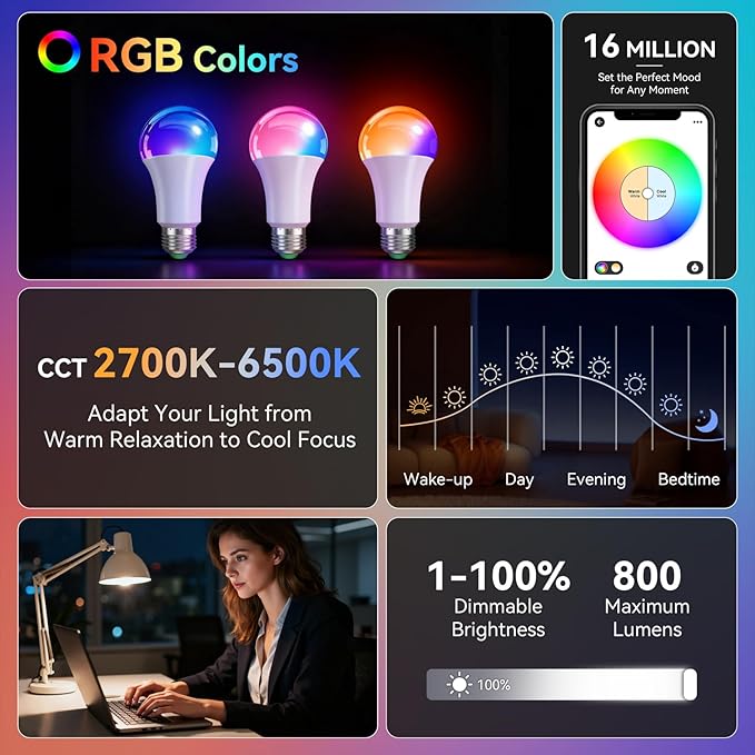 Auxmir Smart Light Bulbs with Remote, RGB+CCT Color LED Light Bulbs Work with Alexa & Google Home, Multiple Scene and Music Sync Light Bulb, A19 9W 800LM, WiFi Bluetooth 2.4GHz No Hub Required, 2-Pack