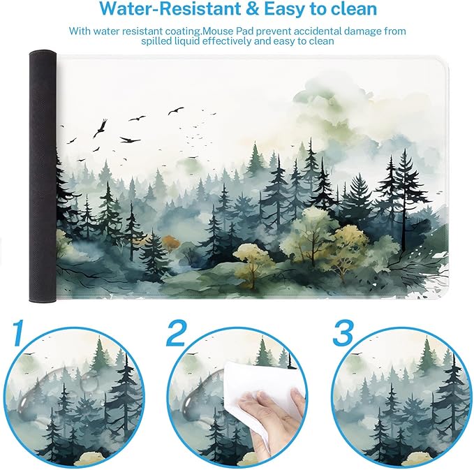 Arttown Green Ink Style Mountain Forest Mouse Pad Large Gaming Mat Non-Slip Desk Pad Keyboard and Mouse Desk Mat for Gamer, Office & Home, 31.5 x 15.7 in