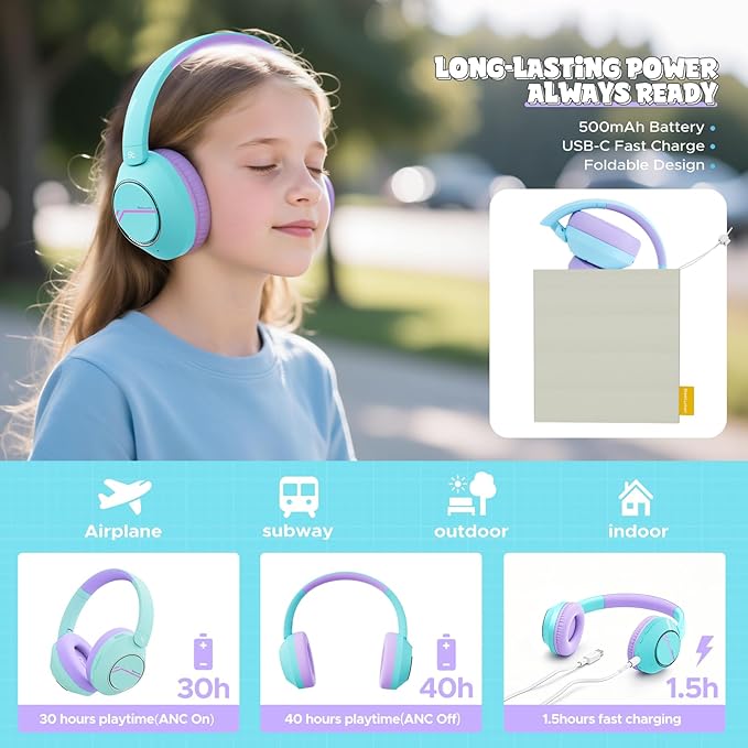 Steellumen Nova1Pro Active Noise Cancelling Headphones for Kids, 3-Level Safe Volume 75/85/94dB, ANC Safe Wireless Listen, Fast Charging, Bluetooth 5.4 with Mic, boy Girl for School, Travel & Airplane