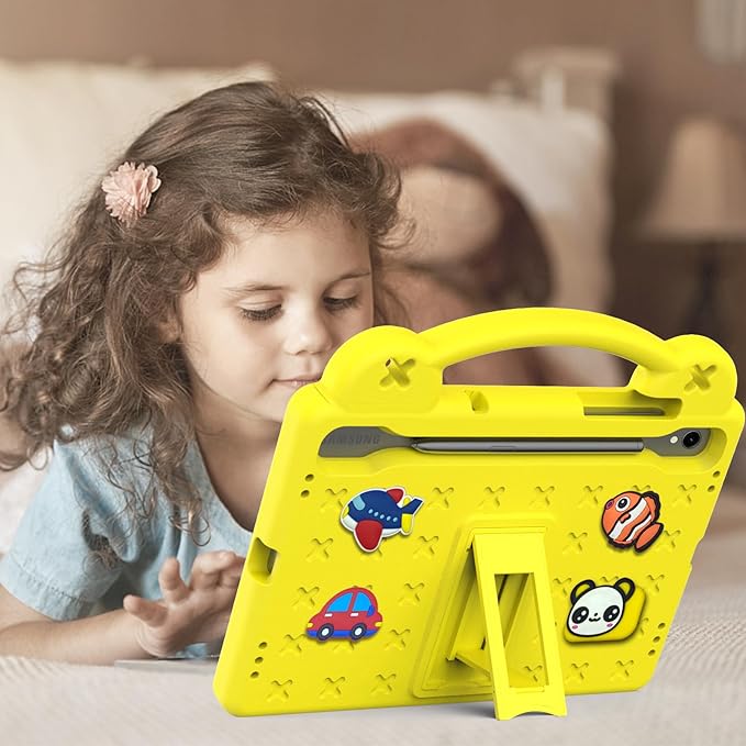 AKABEILA Compatible with Samsung Galaxy Tab S10 FE 2025 Tablet Case, Kids Friendly Universal Lightweight Shockproof Protective Case with Shoulder Strap & Stand Handle Yellow