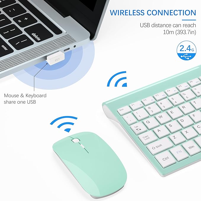 TopMate Wireless Keyboard and Mouse Ultra Slim Combo, 2.4G Silent Compact USB 2400DPI Mouse and Scissor Switch Keyboard Set with Cover, Batteries Included, for PC/Laptop/Windows/Mac - Mint Green