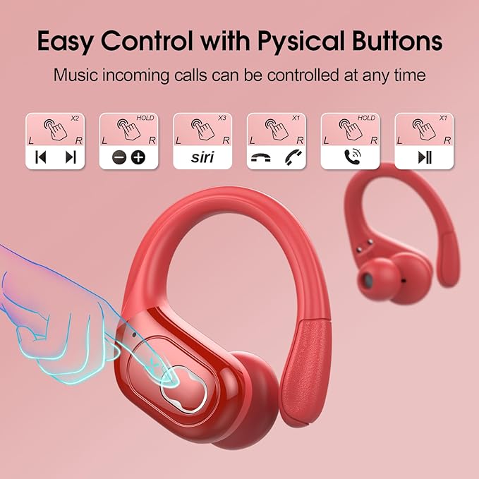 Wireless Earbuds 75hrs Bluetooth 5.4 Headphone Sport, 2026 Bluetooth Earbuds Stereo Deep Bass Over Ear Bud with Earhooks, ENC Noise Cancelling Mic, IPX7 Waterproof Earphone for Gym/Workout/Run, Red
