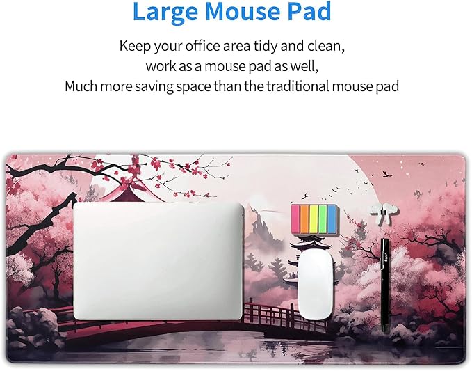 Pink Japanese Cherry Blossom Large Mouse Pad XXL Sakura Forest Tree Sun Tower Mountain Extended Large Desk Mat Big Desk Pad 90X40 CM Non-Slip Rubber Base Stitched Edge Long Mousepad,35.4 x 15.7 Inch