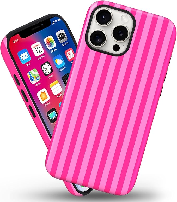 Magnetic for iPhone 15 Pro Max Case Cute Stripes Phone Case, Shockproof Slim TPU and Hard PC Protective Phone Cover Compatible with MagSafe Designed for Women Girls, Deep Pink