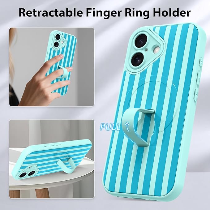 KANGHAR Compatible with iPhone 16 Case, Support for MagSafe, Silicone Stripes Cute Pattern, Wristband Kickstand Camera Protection Soft Slim Cover for Girls Women -Blue