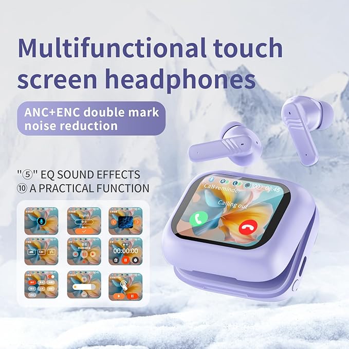 Touch screen earbuds Wireless Earbuds - Active Noise Cancelling Earbuds ANC with Smart Touch Screen - Ear Earbuds with Wireless Charging Case LED Display Deep Bass Earphones Headset with Built (C)