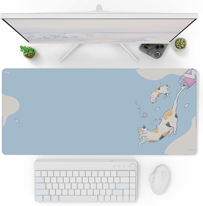 Pixio Mouse Pads - 36 x 16 inch XXL Milky Cats Blue Multifunctional Large Desk Mats for Gaming, Office, Desktop Anti-Slip Waterproof Washable Computer Mouse Mat