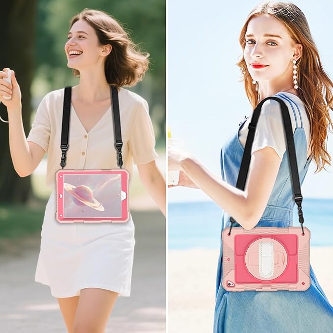 MENZO Shockproof Case for iPad 5th Gen/6th Gen/Air 2/Pro 9.7-inch with 360° Swivel Stand, Pencil Holder, Detachable Hand and Shoulder Strap, Pink+Lightpink