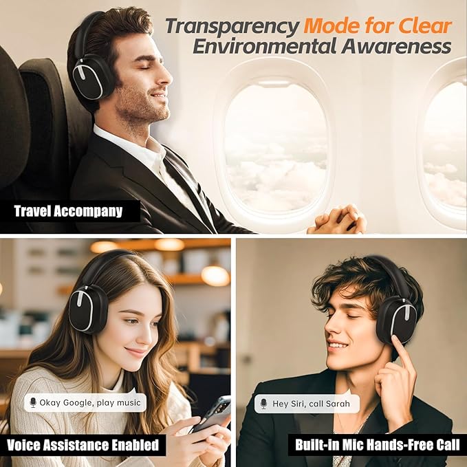 Hybrid ANC Over-Ear Headphones – Bluetooth 6.0, 60H Battery, Hi-Res Audio, Deep Bass, Memory Foam Ear Cups (Black)