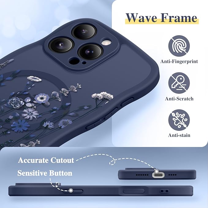 GVIEWIN for iPhone 16 Pro Max Case Compatible with MagSafe [Curly Wave Edge][Full Camera Protection] Floral Translucent Shockproof Magnetic Women Phone Case for 16 Pro Max, Floratopia/Blue