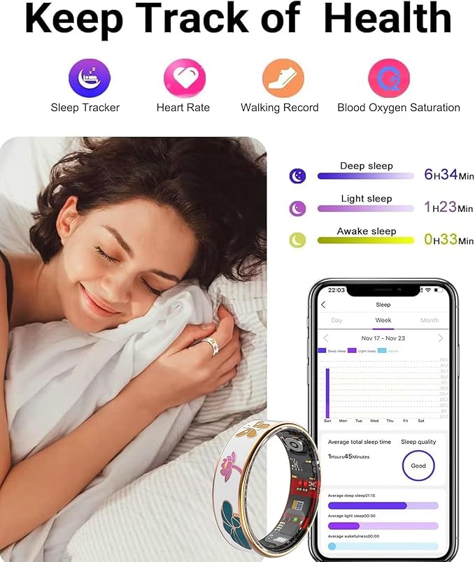 Smart Ring for Women,Fitness Tracker with Heart Rate,Blood Oxygen,Menstrual Cycle,Sleep Monitoring,Step Counting,IP68 Waterproof for iOS and Android,No Subscription Fee (8#)